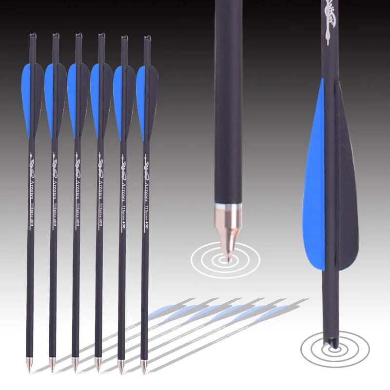 

12Pcs Crossbow Carbon Arrow 16/20 Inches Spine 400 with Blue and black feathers for Crossbow Archery Hunting Shooting