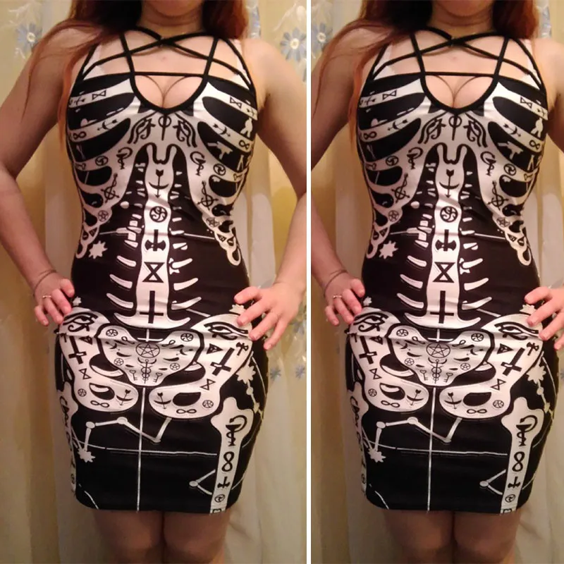 SEBOWEL Women Gothic Skeleton Print Dress Fashion Sexy Club Dress Black Spaghetti Strap Rock Punk Dress Party Dresses Vestido 29 SEBOWEL Women Gothic Skeleton Print Dress Fashion Sexy Club Dress Black Spaghetti Strap Rock Punk Dress Party Dresses Vestido 29
