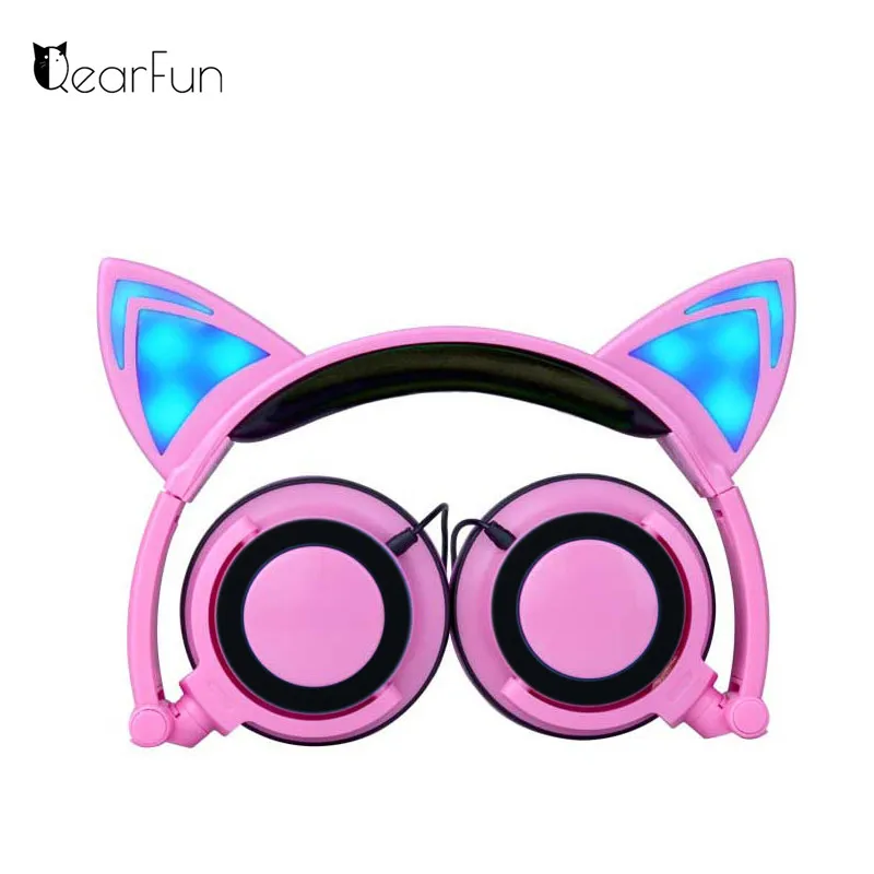 Foldable Cat kids Wired Headphone With LED Light Headset Gril Music Helmet Daughter Computer Laptop Smartphone Glowing Earphone
