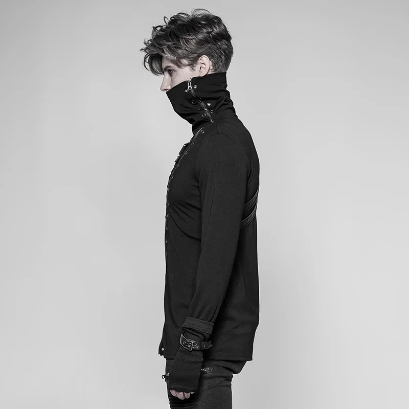 Punk Rave Rock Black Fashion Casual Gothic Steampunk Long Zipper Turtleneck Men's T-shirt WT527