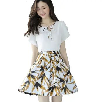 

2019 New Summer Women Linen Ruffle Sleeve Bow Tie Slim Top+A Line Floral Print Chiffon Skirt Suit Female Party Casual Sets Z135