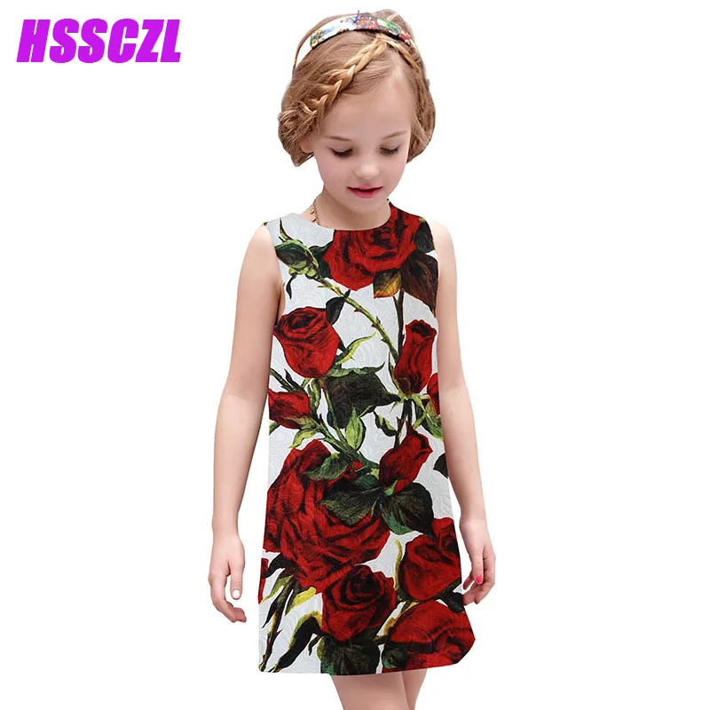 

4-14 age Girls dresses 2017 summer sleeveless print high-end rose pattern girl dress kids children baby clothes o-neck A-line