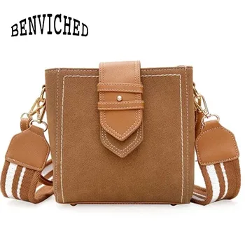 

BENVICHED Small square bag girl 2020 new wide shoulder strap Bucket Pail single shoulder bag Inclined shoulder bag c095