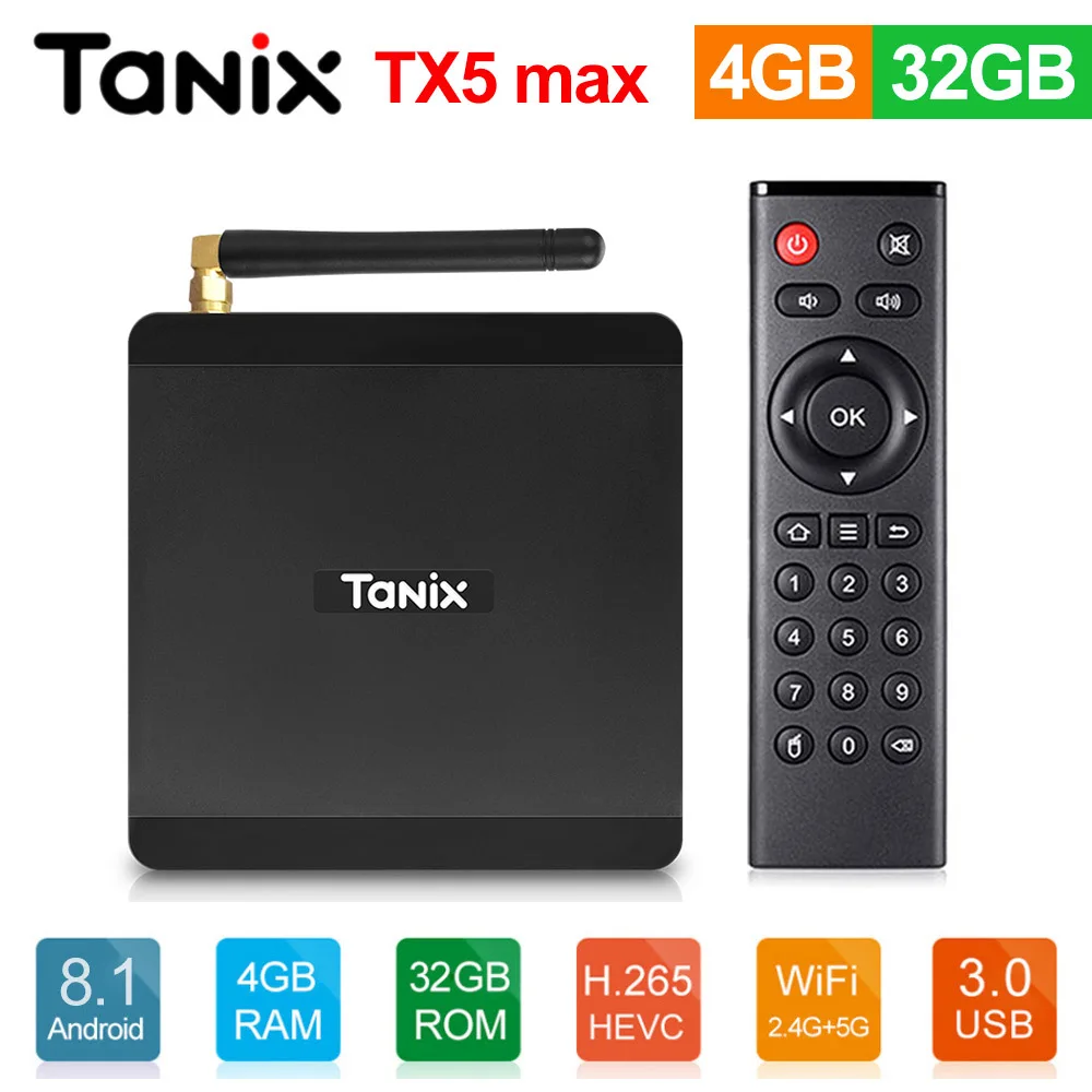 Tanix TX5 ماكس التلفزيون مربع الروبوت 8.1 Amlogic S905X2 4 GB LPDDR3 + 32 GB EMMC 2.4 GHz + 5 GHz WiFi BT4.2 دعم 4 K H.265 مجموعة أعلى مربع
