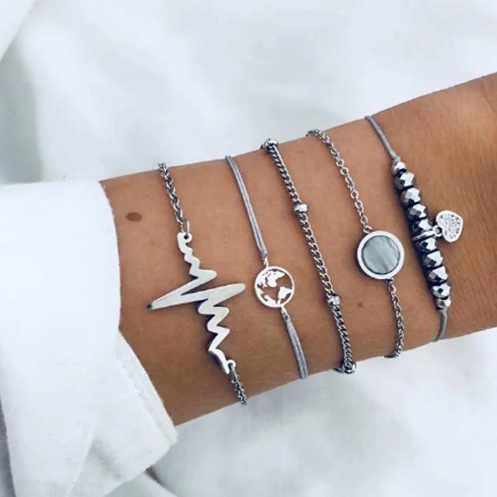 

IPARAM Bohemia Fashion Opal Map Heart Bracelet Set Retro 5PCS Silver ECG Black Beaded Bracelet Statement Ms. Trend Jewelry Gifts