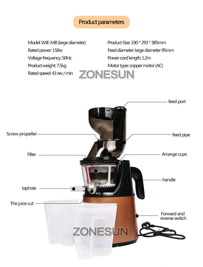 ZONESUN 2-го поколения медленная соковыжималка фрукты овощи цитрусовые низкая скорость соковыжималка