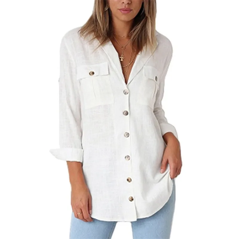 Women Solid Blouse 2019 Long Sleeve Casual Blouses Tops Office Turn Down Collar Blouse Button Tunic With Pockets Women Blusa XXL