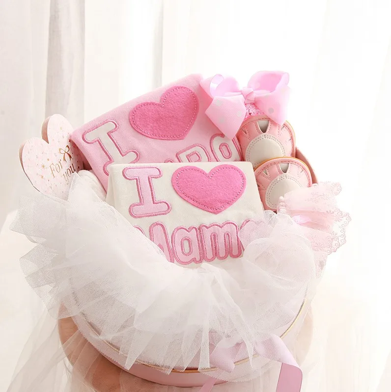 

1 set baby shower babygirl full month newborn Baby autumn one-piece clothes cotton pink birthday gifts babyshower gift box bag