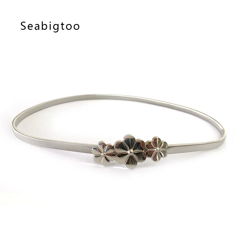 Seabigtoo, золотые ремни для женщин, эластичные металлические ремни с цветком, роскошные женские ремни,, украшенные поясом, аксессуары для одежды - Цвет: Silver