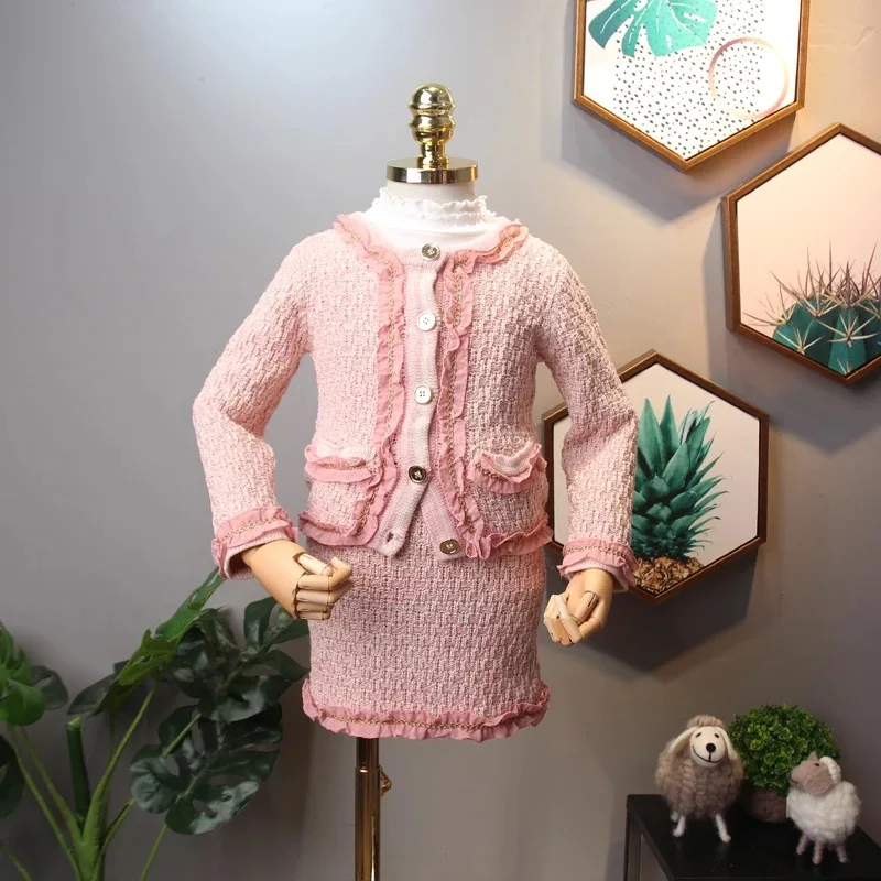 Весенне-зимний комплект из 2 предметов для девочек, Детский кардиган+ вязаная юбка Детский комплект Брендовая детская одежда розовая вязаная одежда для детей возрастом от 2 до 7 лет