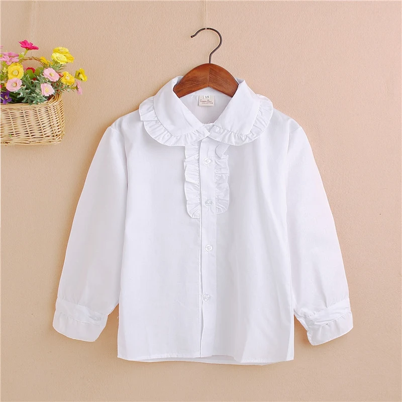 Весенне-осенние белые рубашки для маленьких девочек хлопковая кружевная рубашка с длинными рукавами Топы для маленьких девочек