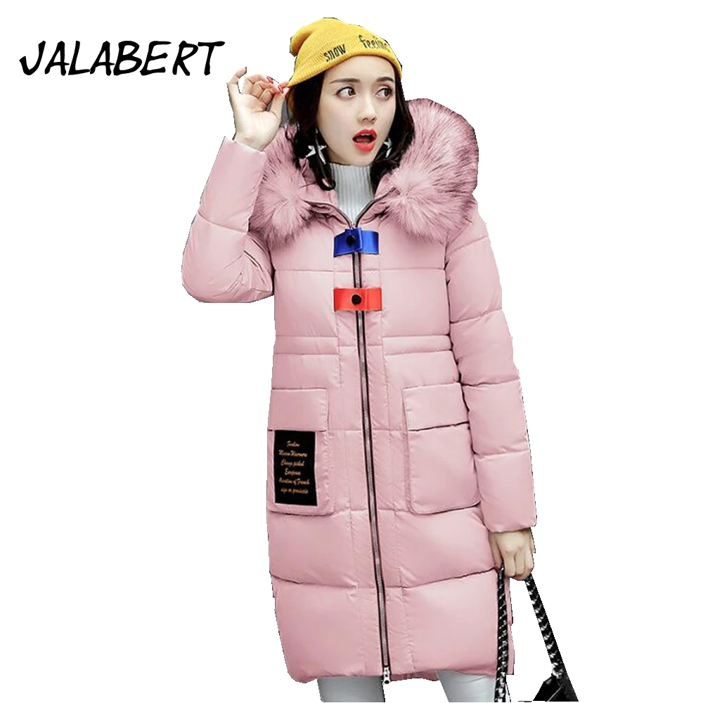2017 new women winter pocket letter pattern long Slim Big Fur collar parkas coat Female Hooded cotton thicken warm jacket | Женская