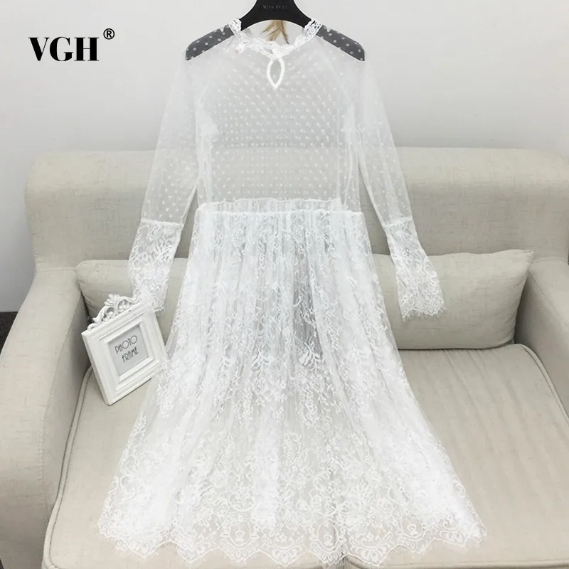 

VGH 2019 Korean Perspective Lace Dress Version Of The New Spring Dresses Long Ride Within The Long Sleeve White Black