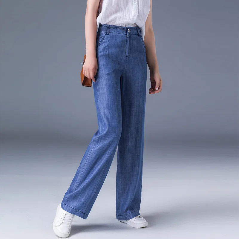 Women's Straight High Waist Tencel Cotton Jeans Female Long Wide-legged Trousers Fashion Thin Loose Leisure Elegent Jeans Blue