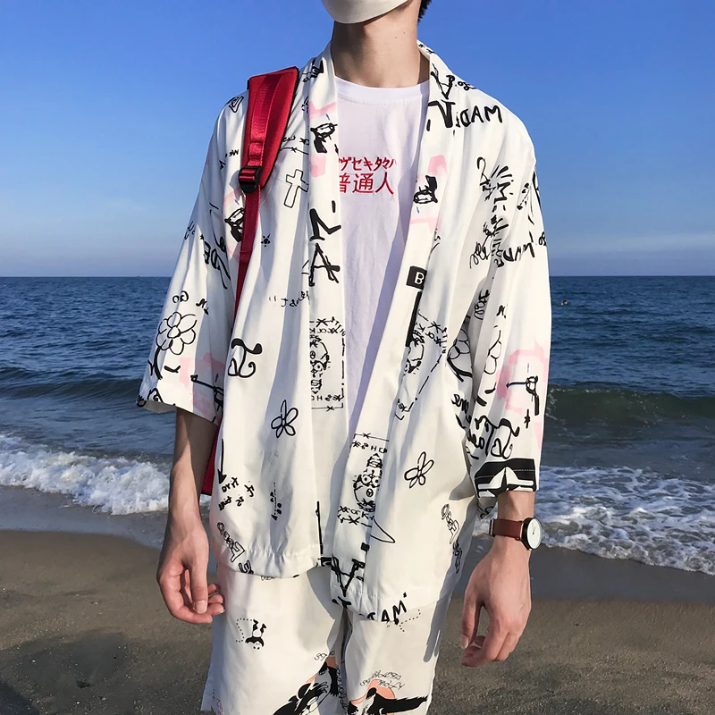 

Printed Kimono Jacket Men 2018 Summer Three Quater Sleeve Men's Jacket Sun Protect Thin Style Jackets