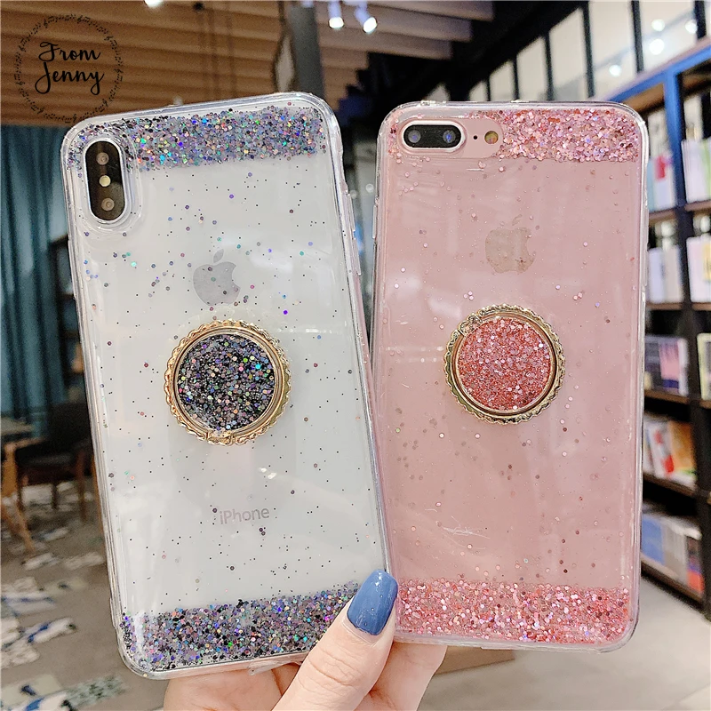 Простое и прозрачное кольцо от Jenny для iPhone x xr xs max 6 6s 7 8 Plus с блестками силиконовый