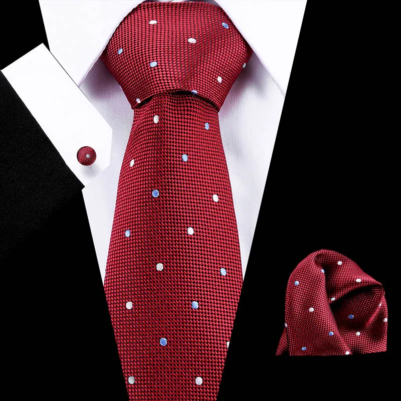 

145cm Length 50Styles Dot Ties Yellow Pink Red Blue Hanky Cufflinks Set Men's Silk Tie 8.5cm Tie Wedding Groom Crava
