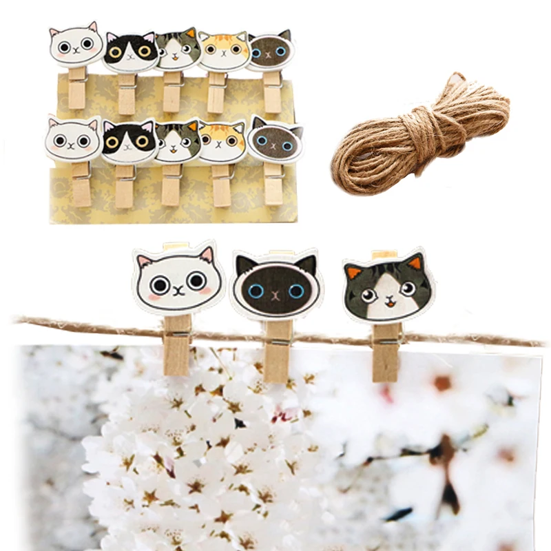 

10PCS Clothespin Home Office Animal Craft; Cat Photo Holder Decoration Supplies Mini Wooden Memo Clips Cartoon