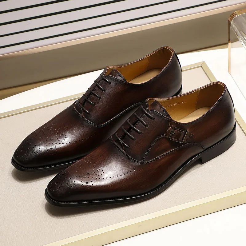 

Italian Style Men Dress Shoes Genuine Leather Buckle Lace Up Office Wedding Handmade Brogue Formal Pointed Toe Oxfords Mens Shoe