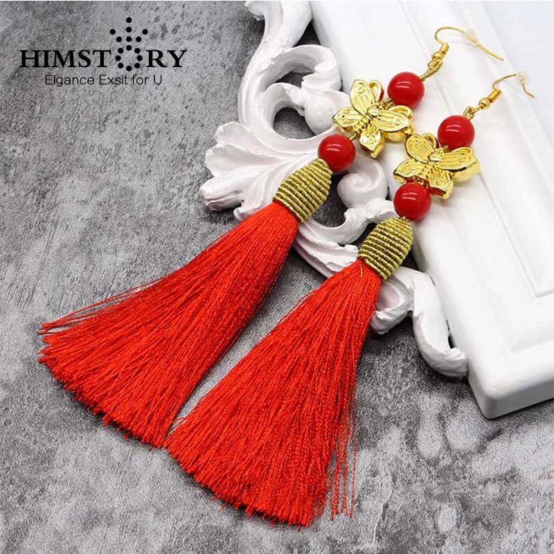 

HIMSTORY Red Handmade Chinese National Trend Long Tassel Earring ,Butterfly with Red Pearl Wedding Bride Earings