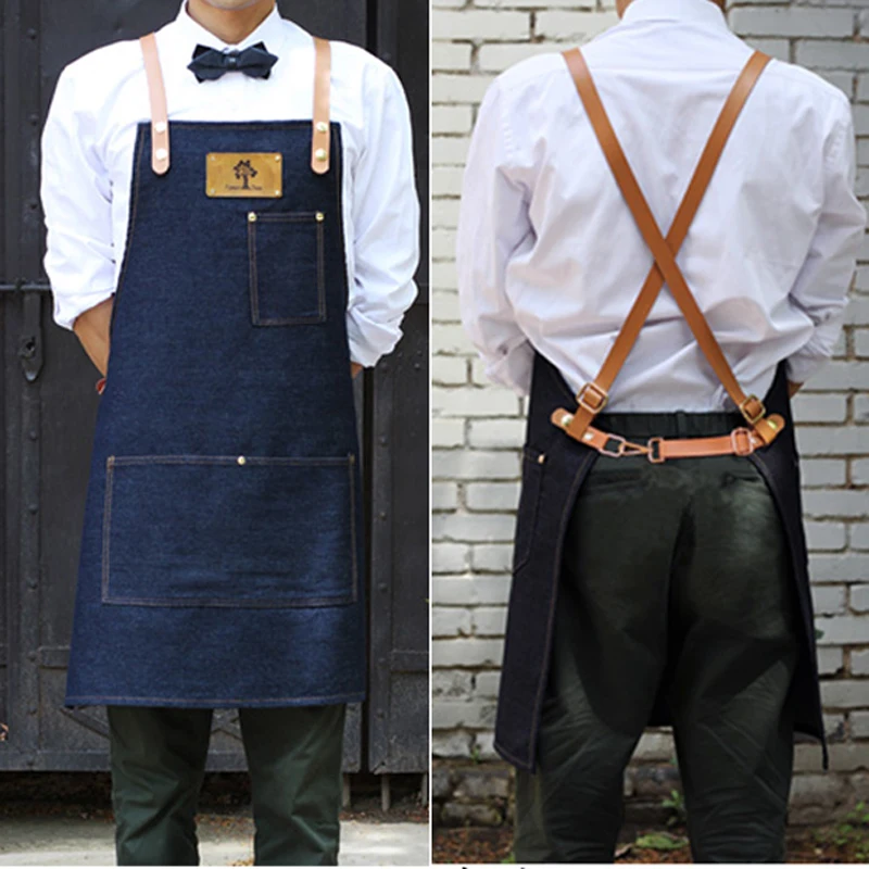 Senior Denim cowboy BBQ Apron Bib Leather Straps Kitchen Apron for