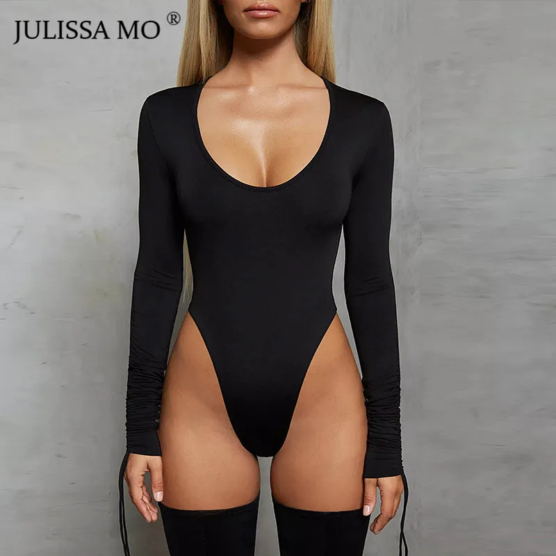  JULISSA MO Sexy O Neck Long Sleeve Bodysuit Women Solid Lace Up High Waist Skinny Bodysuit Autumn C