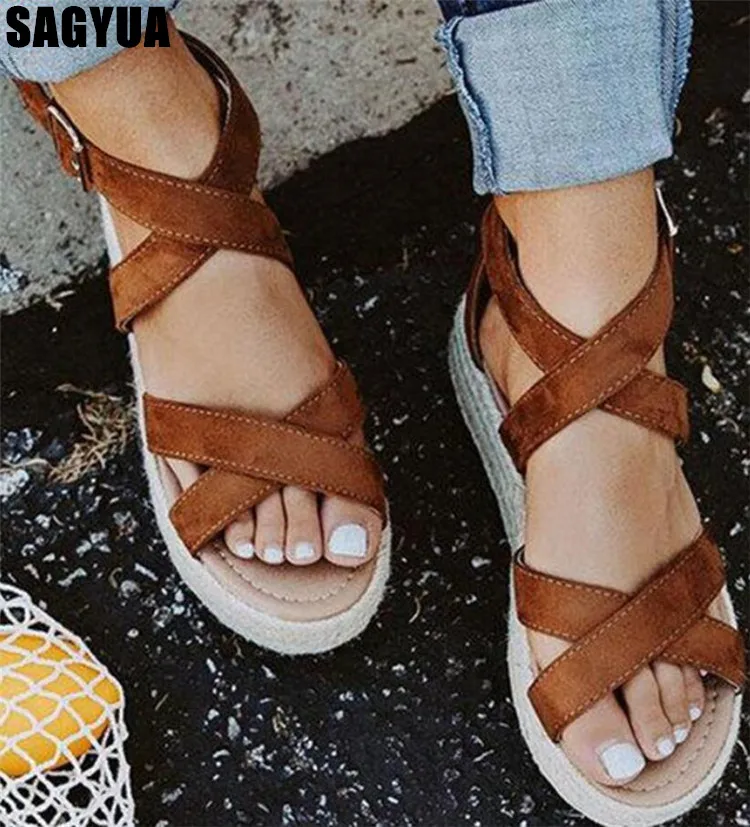 

New Weaving women sandals Amazon Cross strap Open toe Thick bottom Leisure sandals ladies Ankle buckle Platform Casual shoe A824