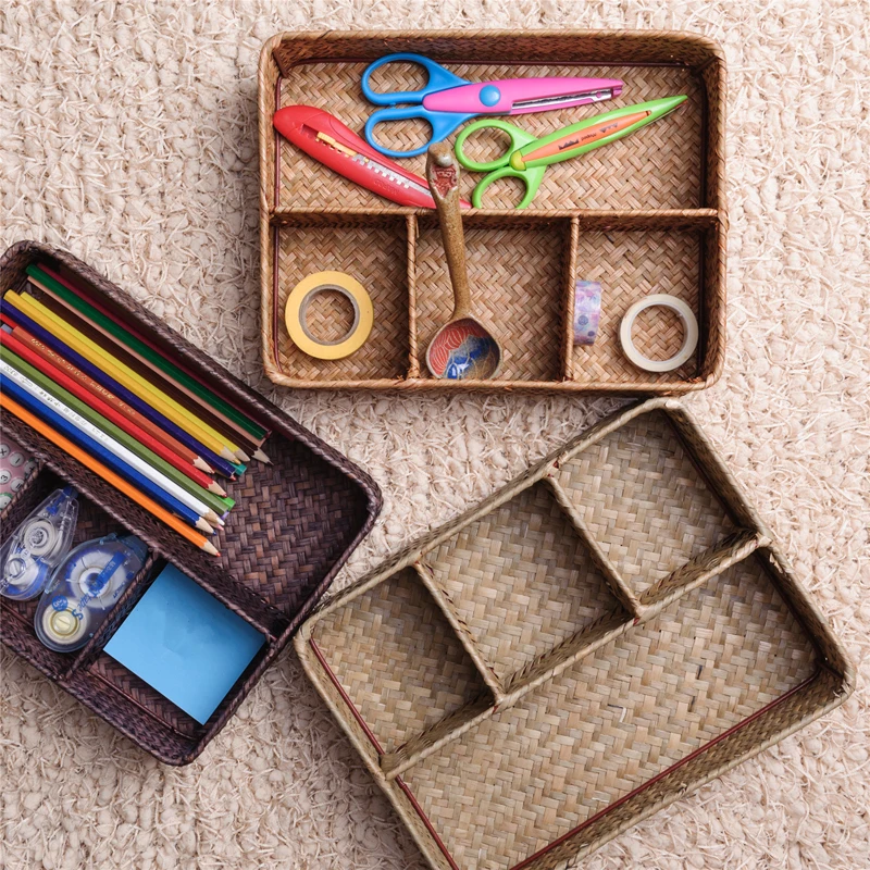 Günstig WHISM Handgemachte Natürliche Stroh Fünf rahmen Lagerung Box Rattan Wicker Obstkorb Lebensmittel Snack Sortierung Fall Hochzeit Organizer Box