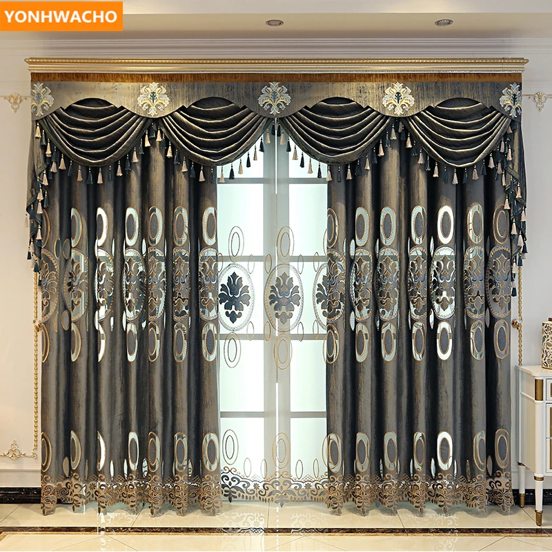 

Custom curtains luxury High-end European bedroom chenille velvet embroidered cloth blackout curtain tulle valance drape B199