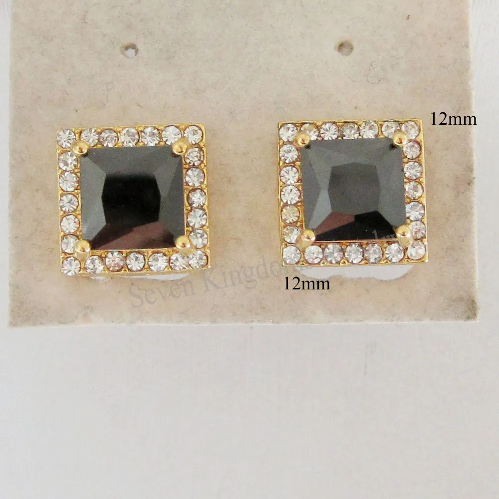 

/MIN ORDER 10$ CAN MIX DESIGN /NEW BLACK ZIRCON CZ STONES - YELLOW GOLD GP OVERLAY SQUARE 0.47" STUD EARRING