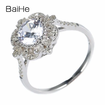 

BAIHE Sterling Silver 925 Round Natural White Topaz White Gold plated Antique Trendy Wedding Gift Women White Topaz Ring