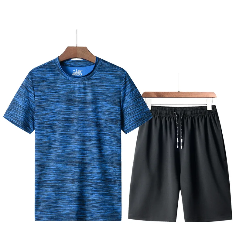 Men's Summer Casual Quick Dry Sports Set Solid 2 Pieces Running Jogging Cycling Sports Gym Tracksuit T-Shirts+ Shorts New,GA345 - Цвет: Blue And Black