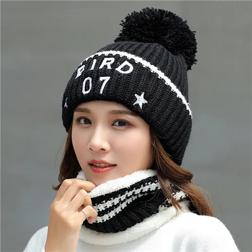 Girl Warm Ski 2017 new brand Big Fur pom poms ball Knitted hats scarf hat set Winter women Beanie Hat thick Skullies female cap