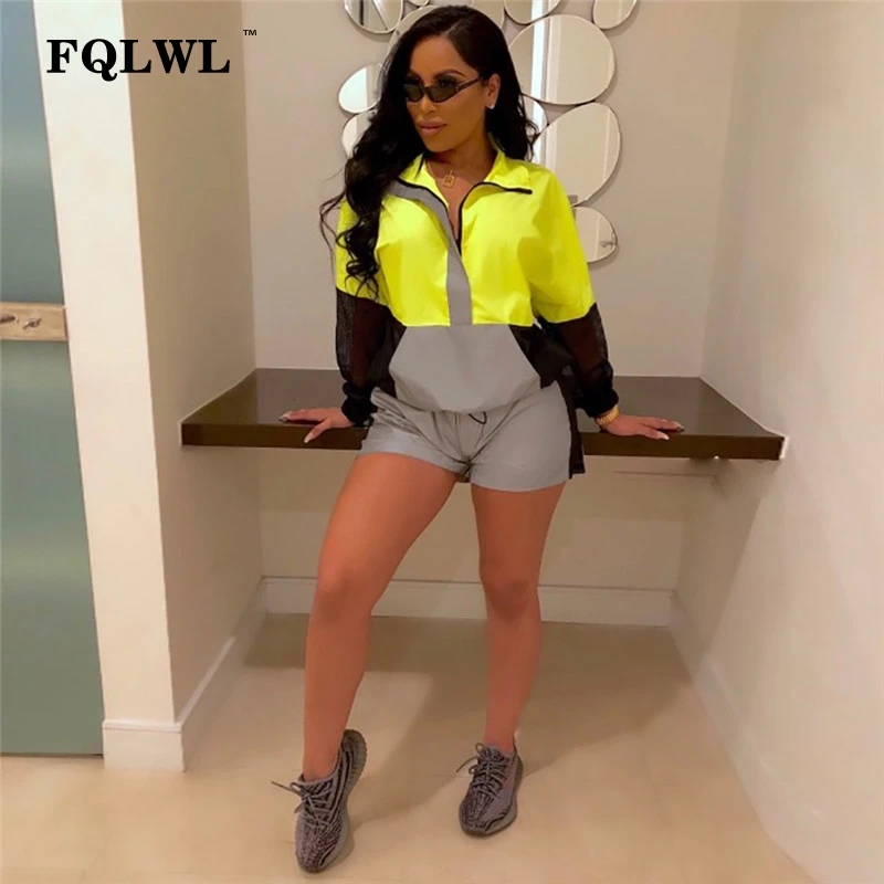 

FQLWL Patchwork Mesh 2 Piece Reflective Set Women Outfits Long Sleeve Crop Top And Shorts Ladies Tracksuits Women Matching Set