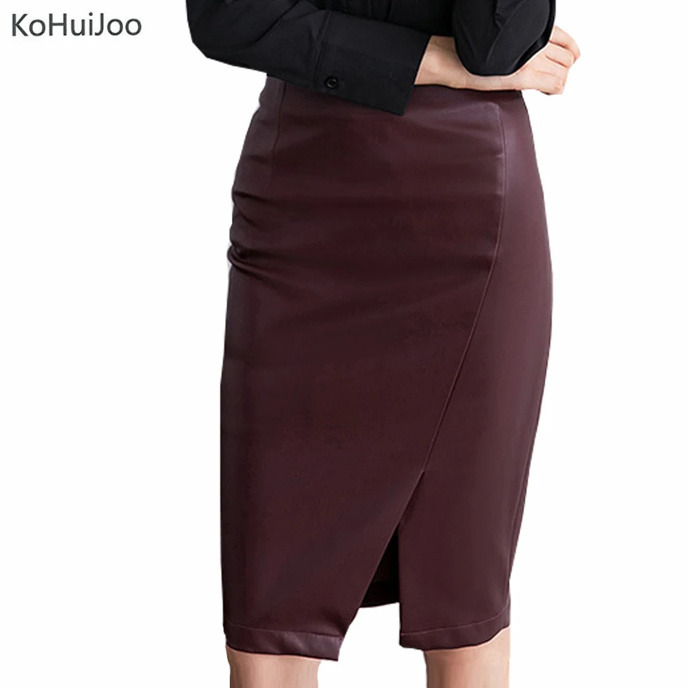 

KoHuiJoo Autumn Winter Women Sexy Leather Skirt Plus size Knee Length Split Faxu Leather Skirt Vintage Pencil Skirts Black Wine
