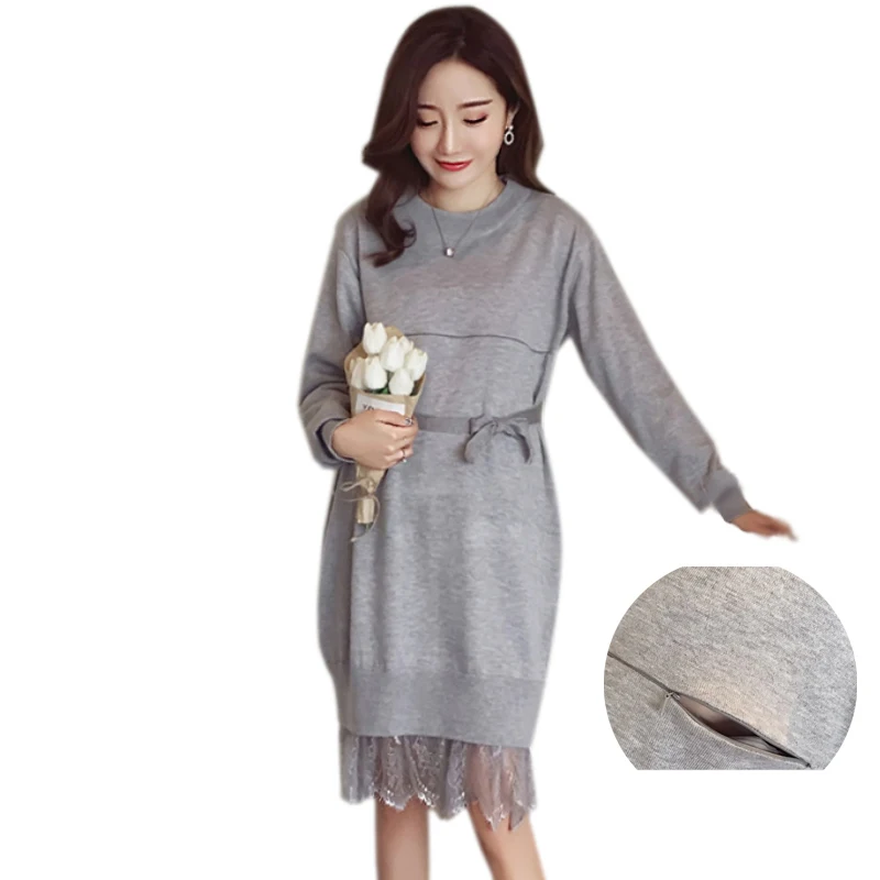 

2018 Maternity Nursing Sweater Dress Knitted Lace Splicing Long Pullovers Spring Autumn Pregnant Dress Breast Feeding Clothes