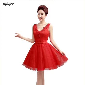 

Women Short Lace Dresses Real Photo Deep V Neck Red Satin Dresses Bandage Knee Length Embroidery Beading Robe