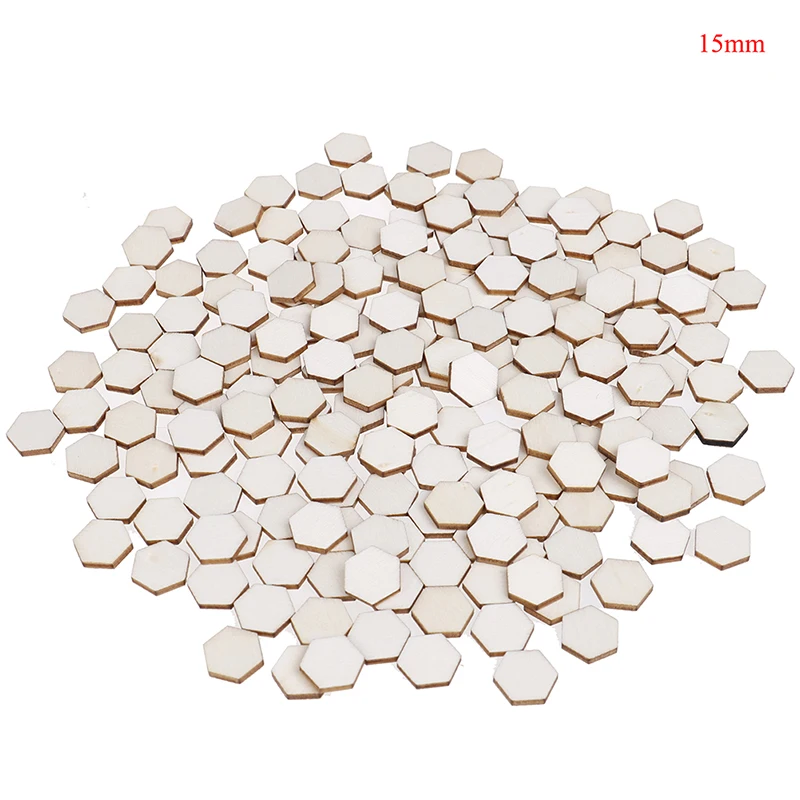 200PCS 10/15MM Wooden Shapes Ornaments Embellishment DIY Crafts Decorations Beech Wooden Hexagonal Pieces Ornaments