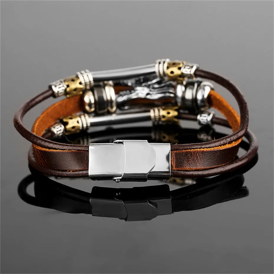 Antique Stainless Steel Dragon Head Design Brown Genuine Leather Rope Chain Men Women Bracelets Bohemia Charm Gift (8)