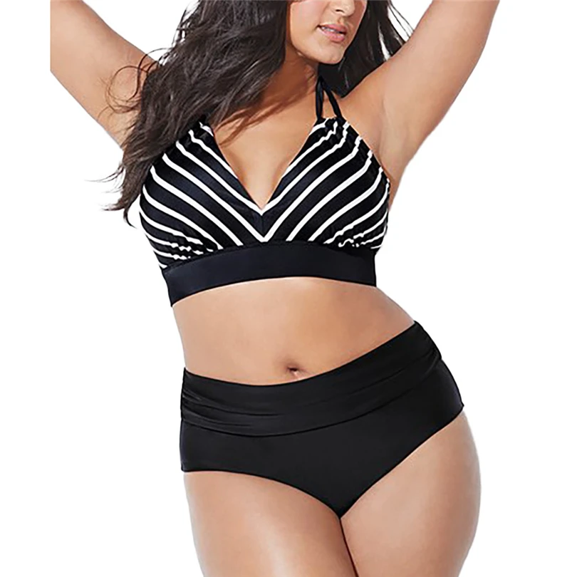 

Women High Waist Bikini Set Brazilian Swimsuit Plus Size Beachwear sexy striped hanging neck split swimsuit L-4XL A30
