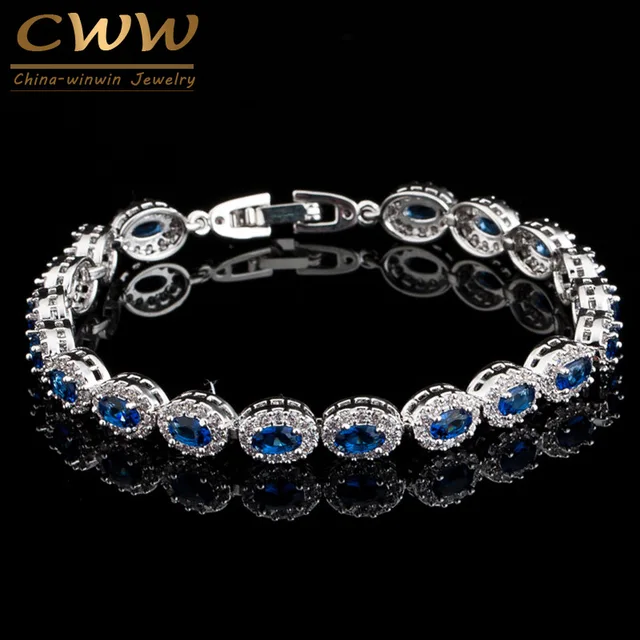 Cwwzircons Exquisite White Gold Color Cubic Zircon Inlaid And Royal Cwwzircons Exquisite White Gold Color Cubic Zircon Inlaid And Royal Blue Stone Women High Quality Bracelets