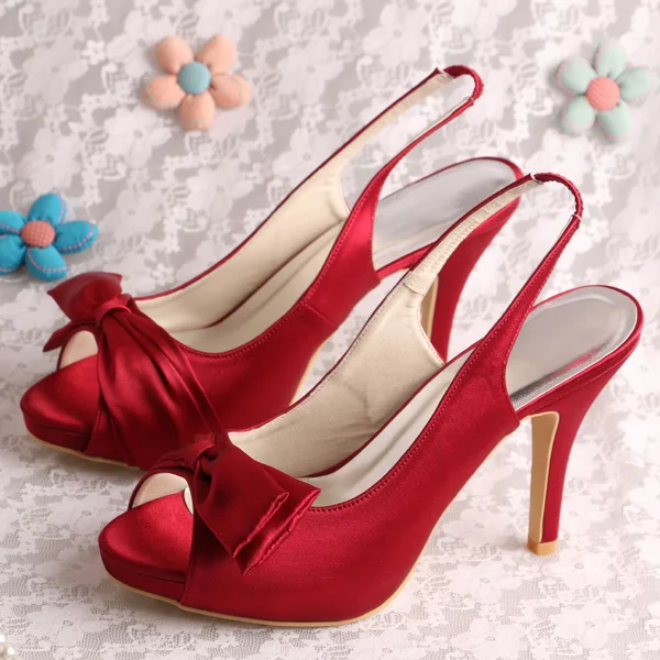 Туфли-лодочки на платформе с открытым носком и на высоком каблуке; цвет слоновой кости; сатин для невесты на свадьбу; Летняя обувь - Цвет: wine red