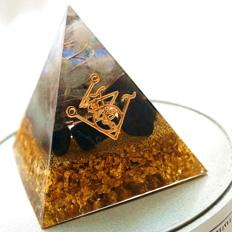 Orgonite Pyramid Muladhara Chakra Obsidian Natural Crystal Repel Evil Spirits Pyramid Decoration Process Resin Gift