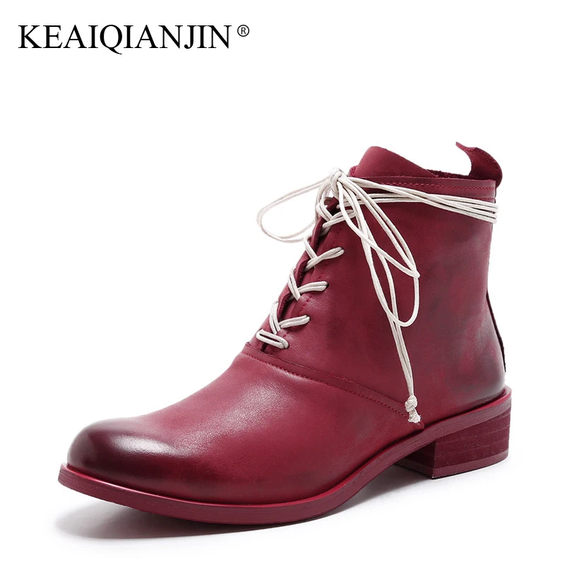 

KEAIQIANJIN Woman Genuine Leather Martens Boots Autumn Spring Black Brown Pointed Toe Ladies Boots Genuine Leather Ankle Boots
