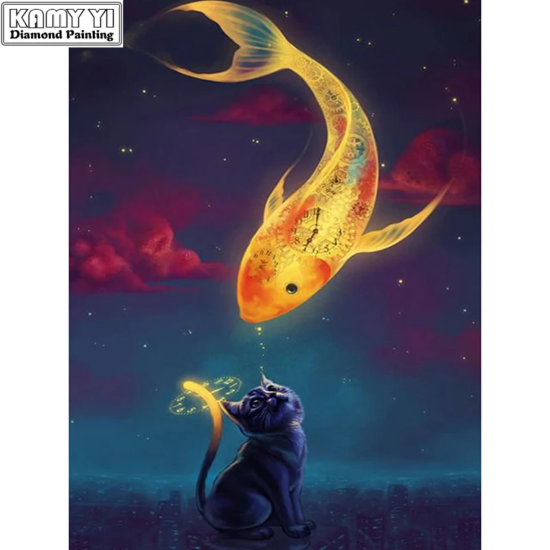 

5D Diy diamond painting cross stitch "Fish and Cat" Full Round Diamond embroidery Needlework Rhinestone Mosaic Crafts Decor CX