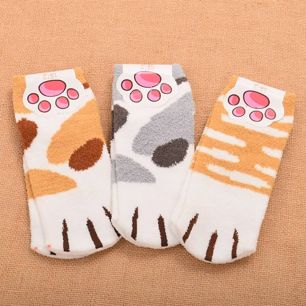 1 pair Cartoon Fleece Socks Cute Winter Cat Claw Pattern Warm Short