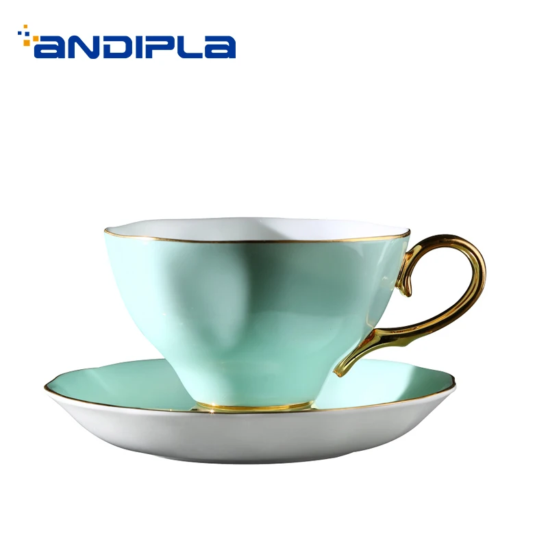 

210ML Brief Solid Color Ceramic Bone china Coffee Cup with Saucer Kit Home Drinkware Gold Border Afternoon Tea Mug Birthday Gift