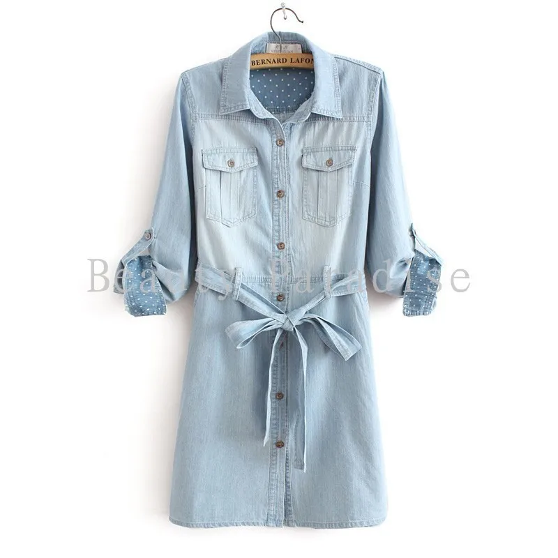 

Women Jeans Dress 2018 Summer Vintage Polka Dot Patchwork Slim Waist Bow Sash Blue Denim Dress Plus Size S-XXL 1147