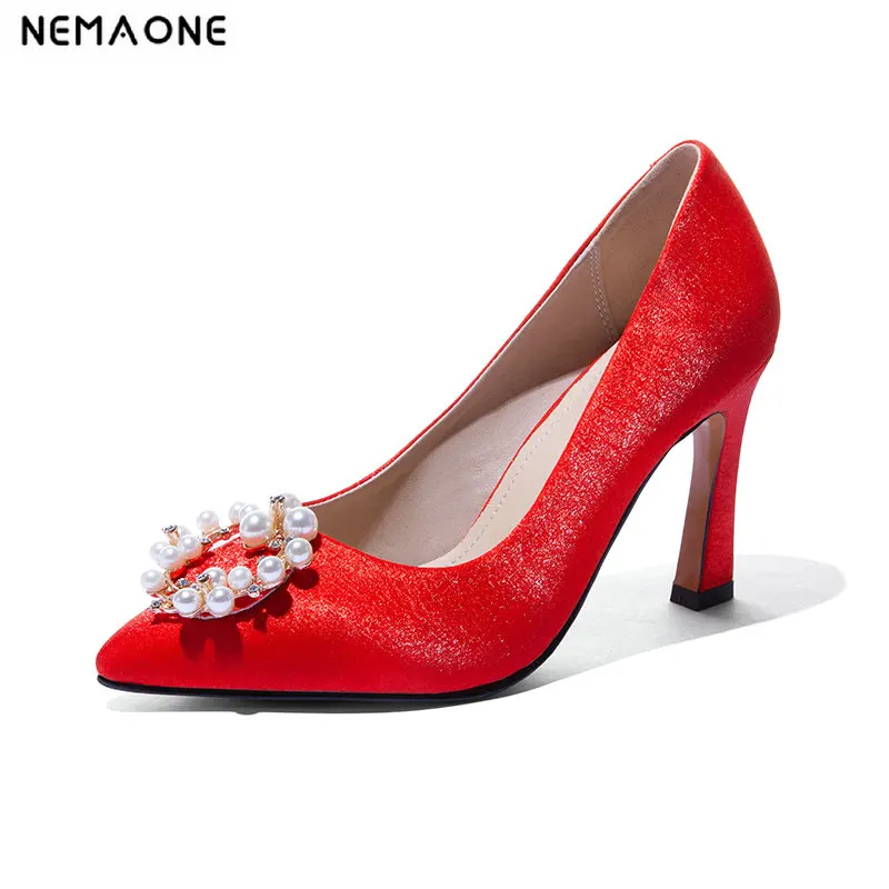

NEMAONE Star Style Sexy Pointed Toe Women Pumps Crystal Solid Silk Shallow High Heels Shoes Women's Wedding Shoes