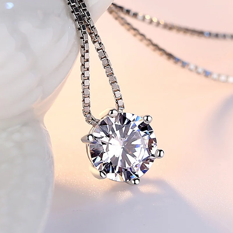Qevila Fashion Necklaces Plate S925 Six Prongs AAAAA Zircon Pendant Necklace Silver Chain Choker Necklace for Women Jewelry Gift (2)